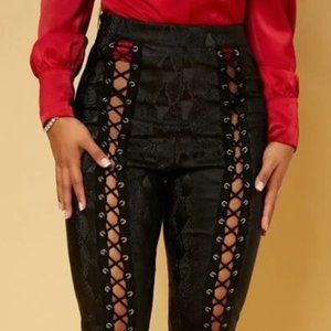 SHEIN Lace Up Detail Grommet Eyelet Snakeskin Print Skinny Pants